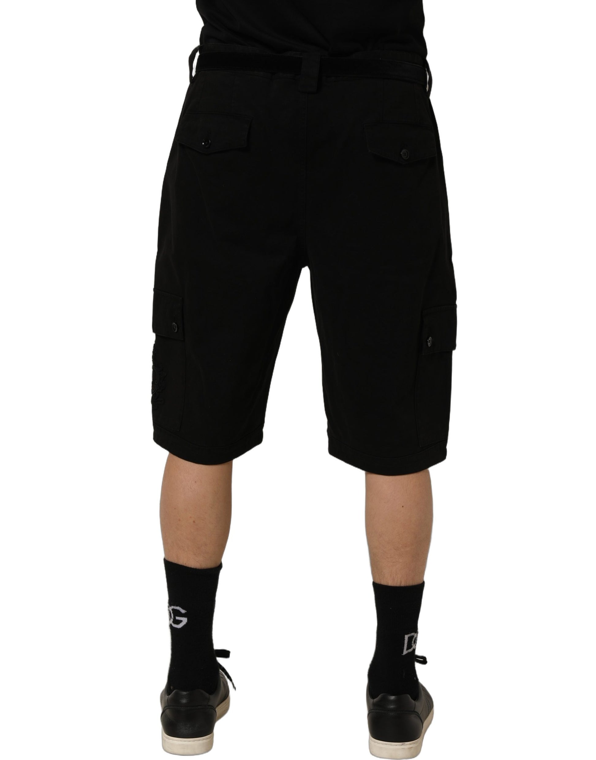 Black Cotton Mid Waist Men Cargo Shorts
