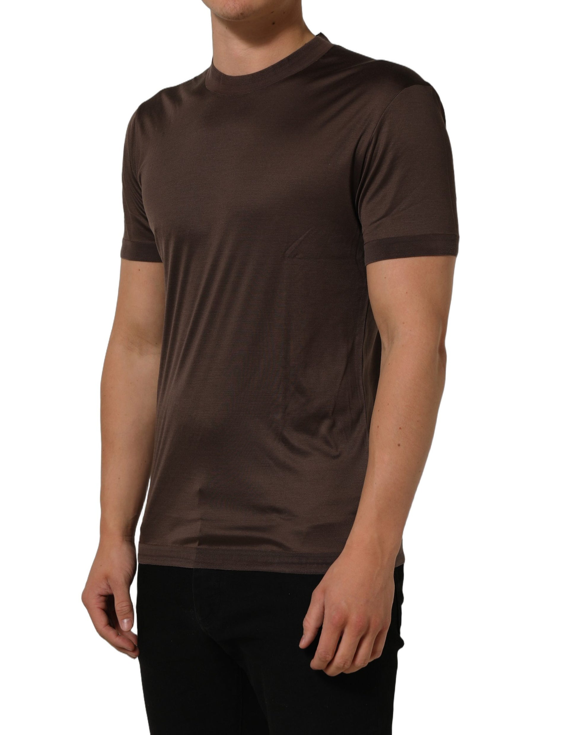 Brown Silk Crew Neck Short Sleeves T-shirt