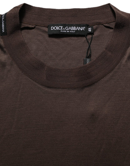 Brown Silk Crew Neck Short Sleeves T-shirt