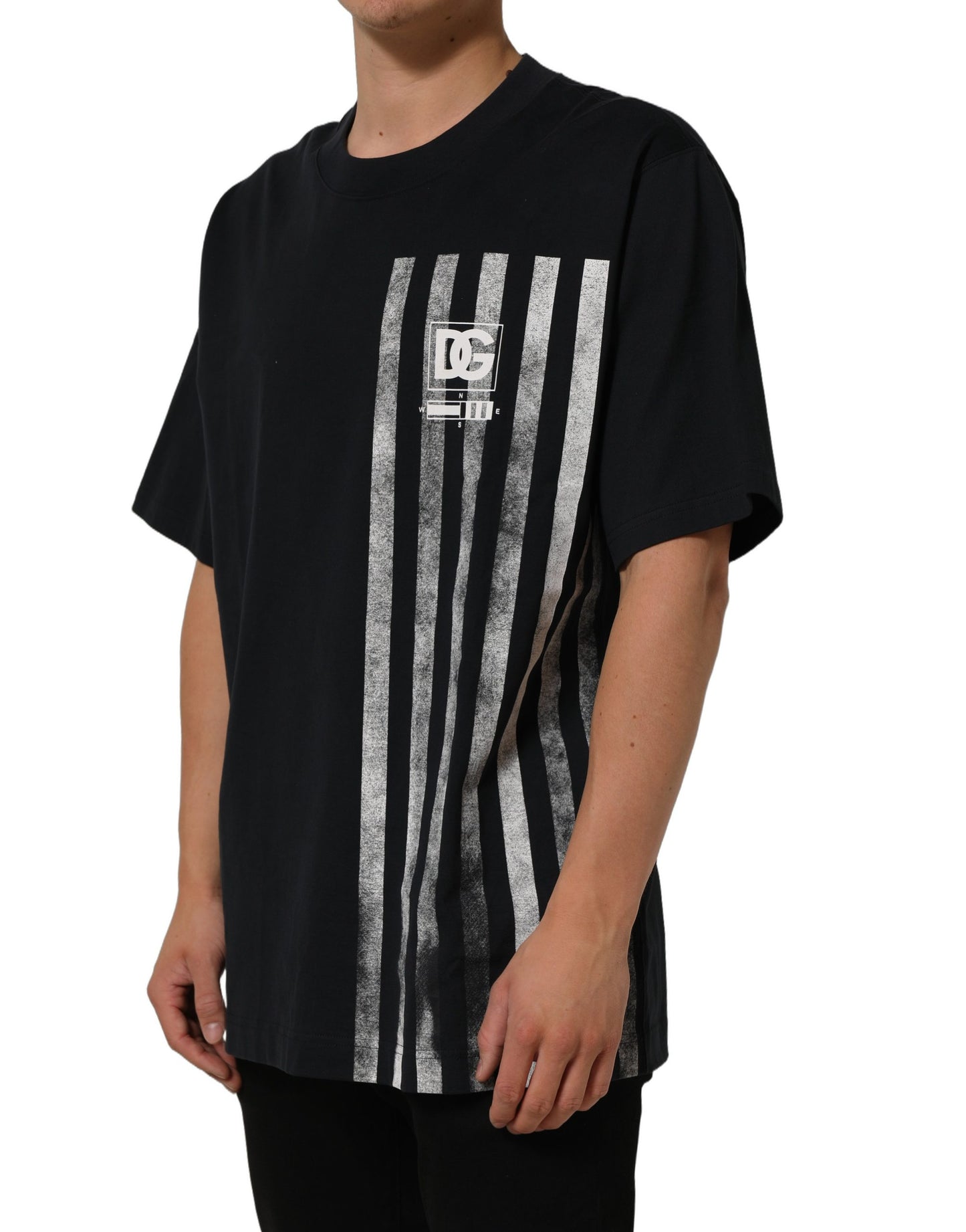Blue Striped Print Cotton Crew Neck  T-shirt