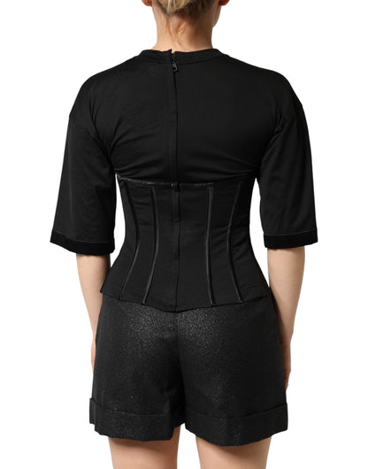 Black Cotton Short Sleeve Bustier T-shirt Top