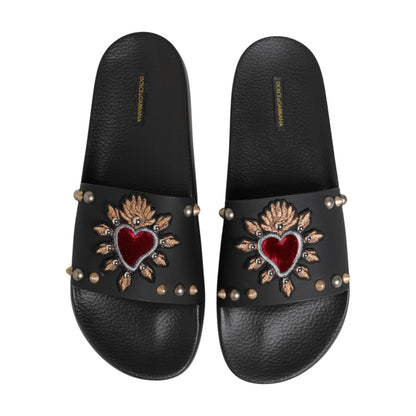 Black Heart Patch Rubber Calfskin Slippers Shoes