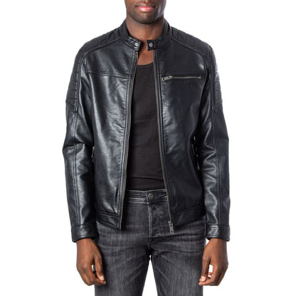 Black Artificial Leather Leather Jacket