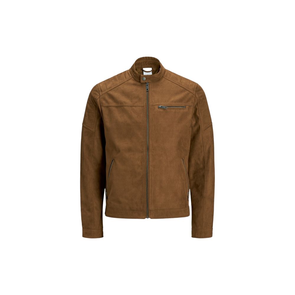 Beige Artificial Leather Full-Length Jacket
