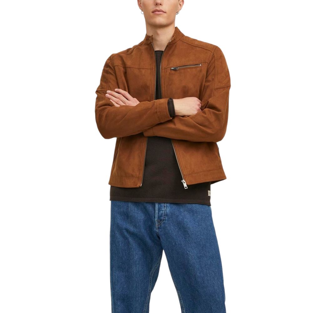 Beige Artificial Leather Full-Length Jacket