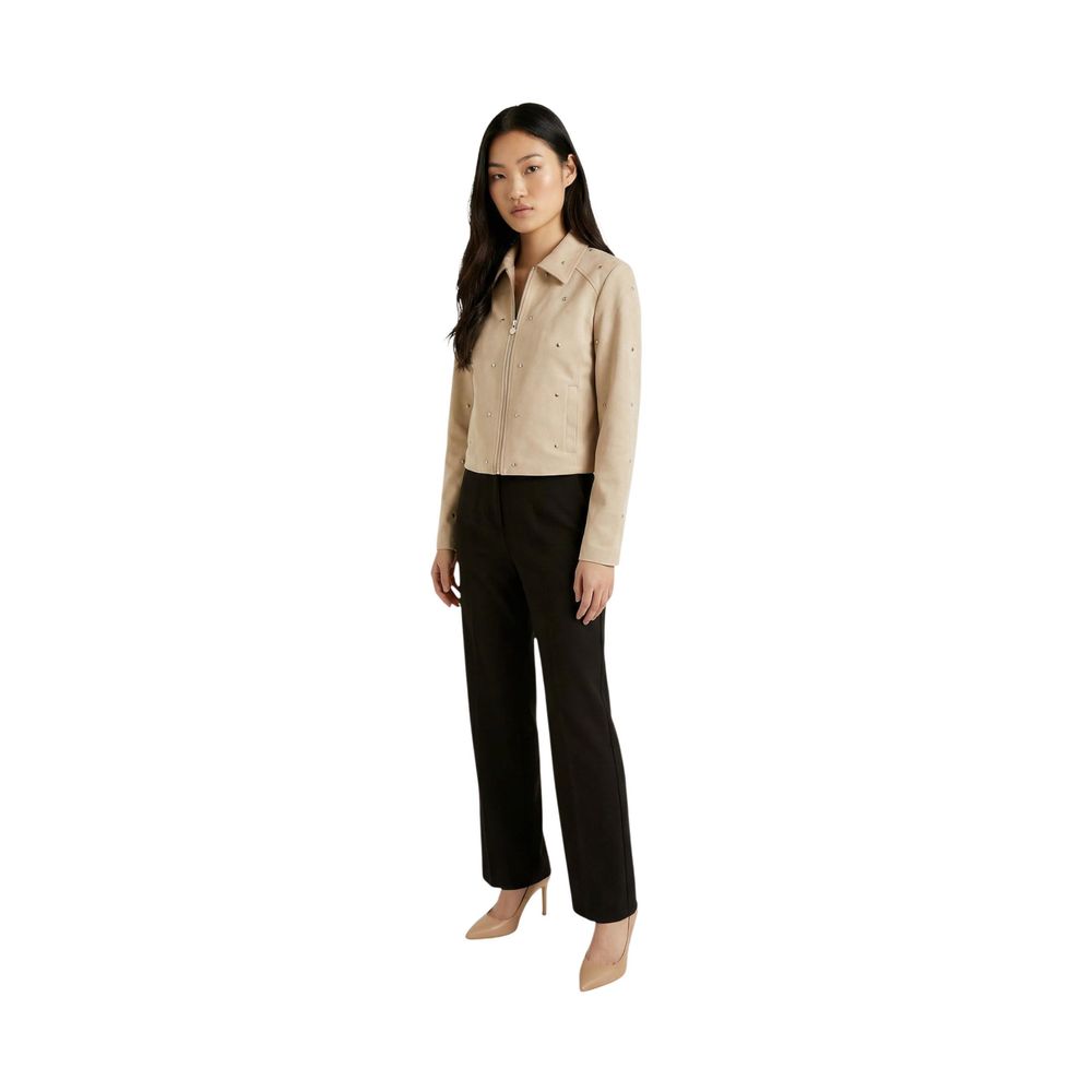 Beige Polyester Leather Jacket