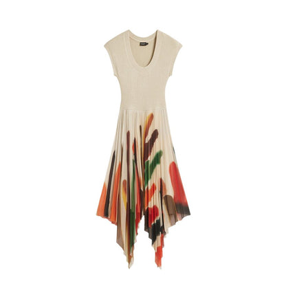 Beige Polyester Long Dress