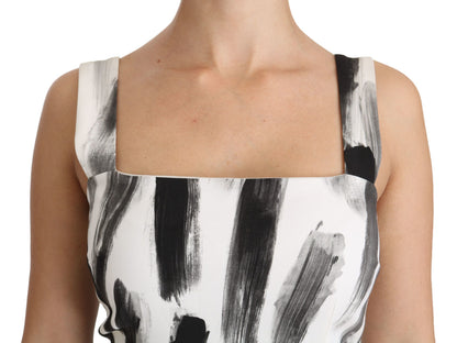 White Black Printed Sheath Midi Viscose Dress