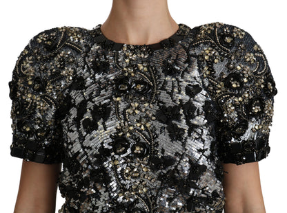 Black Sequined Crystal Embellished Top Blouse