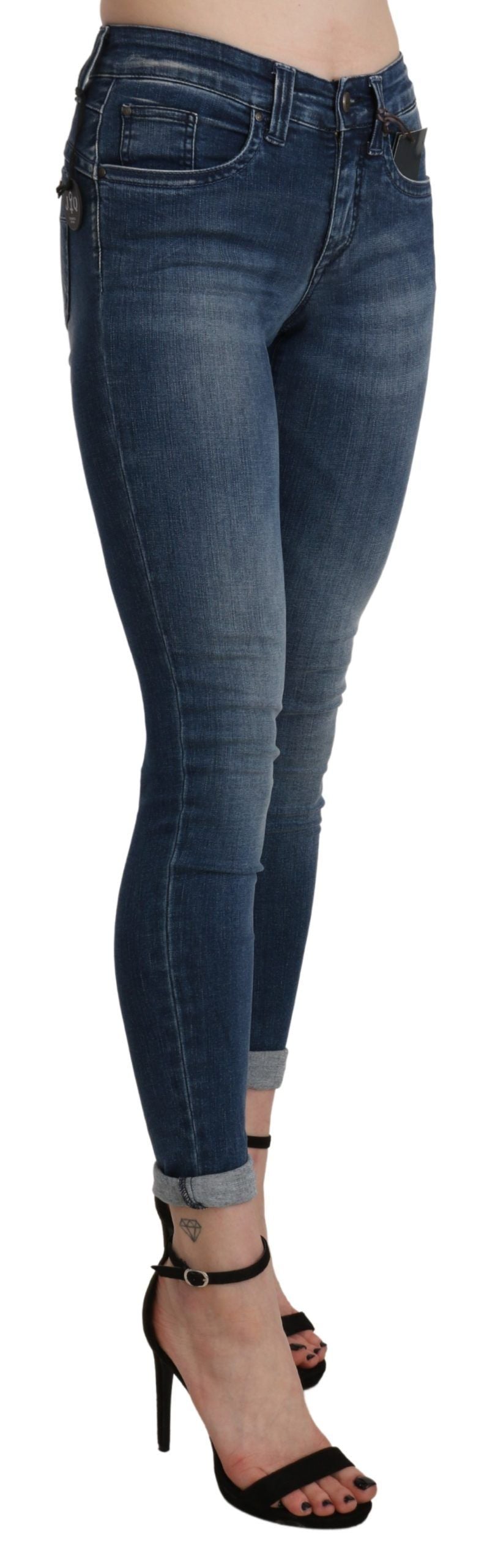 Blue Washed High Waist Skinny Cropped Cotton Jeans