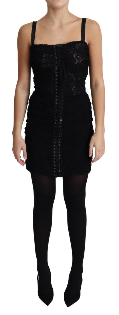 Black Lace Up Floral Corset Bustier Mini Dress