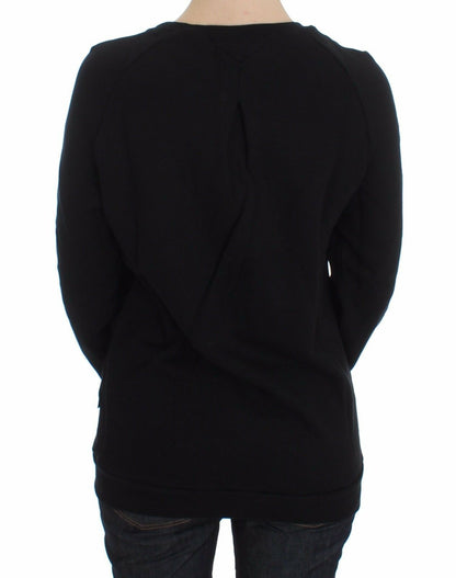 Black Cotton Motive Print Crewneck Pullover Sweater