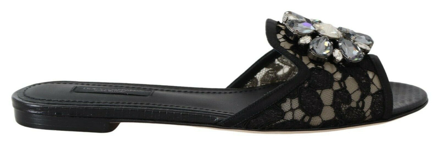Black Taormina Lace Slides Crystals Flats Shoes