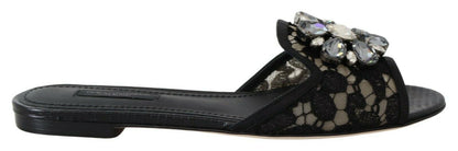 Black Taormina Lace Slides Crystals Flats Shoes