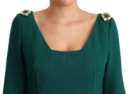 Green Stretch Crepe Crystal Midi Dress