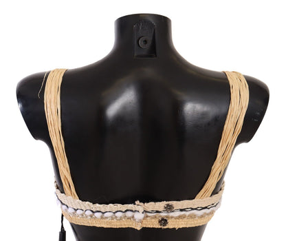 Beige Straw Raffia Woven Crochet Cover Up Top