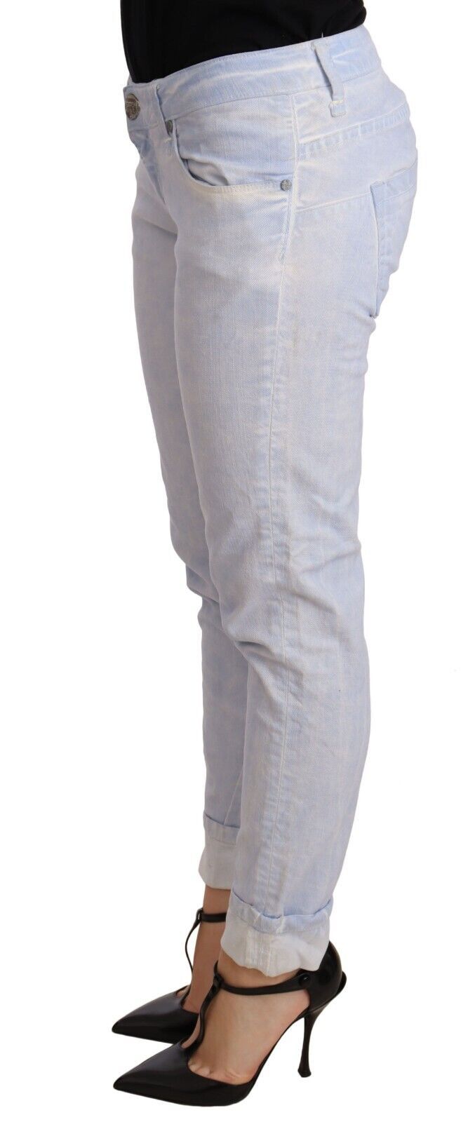 Light Blue Cotton Folded Hem Denim Skinny Women Trouser Jeans