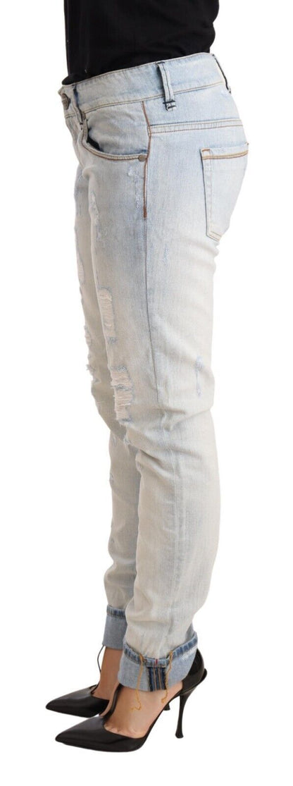 Light Blue Distressed Cotton Folded Hem Denim Trouser Jeans