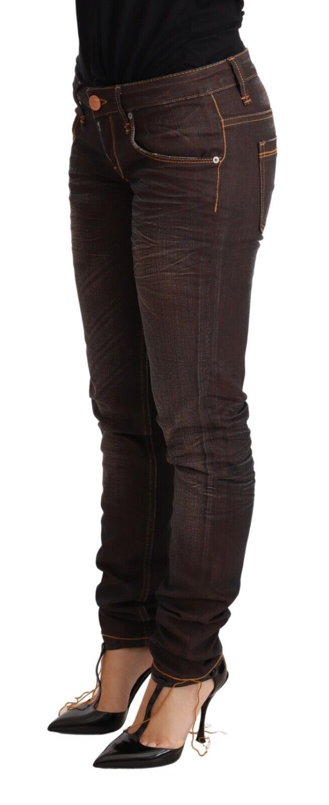 Brown Washed Cotton Slim Fit Denim Low Waist Trouser Jeans