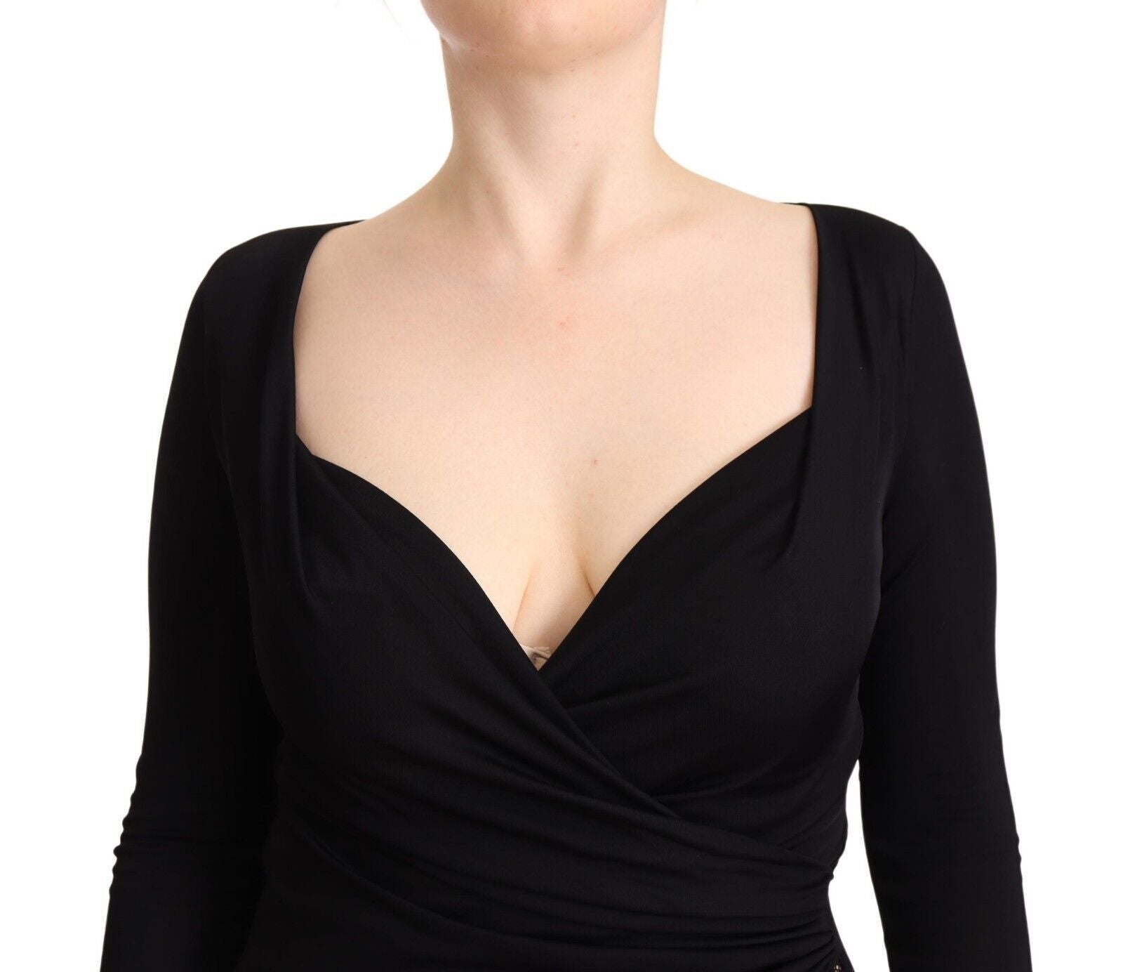 Black Long Sleeves Sweetheart Neck Midi Dress