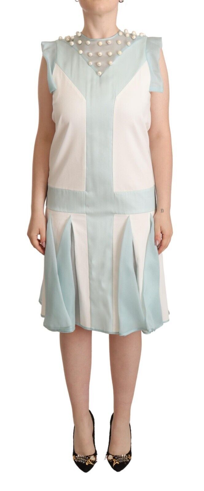 Multicolor Faux Pearl Sleeveless Shift Midi Dress