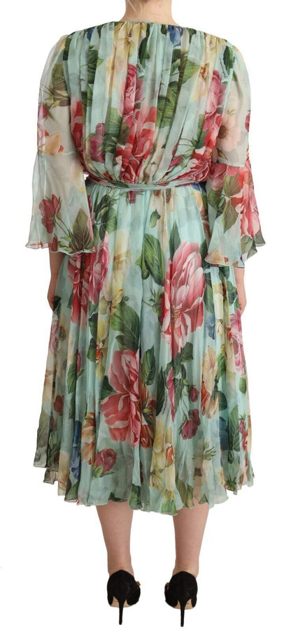 Green Floral Long Sleeves V-neck Midi Dress