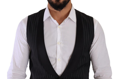 Black Striped Wool Silk Waistcoat Vest