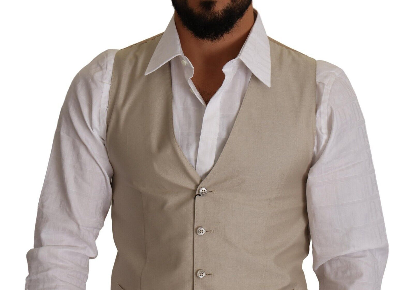 Beige Cotton Silk Slim Fit Waistcoat Vest