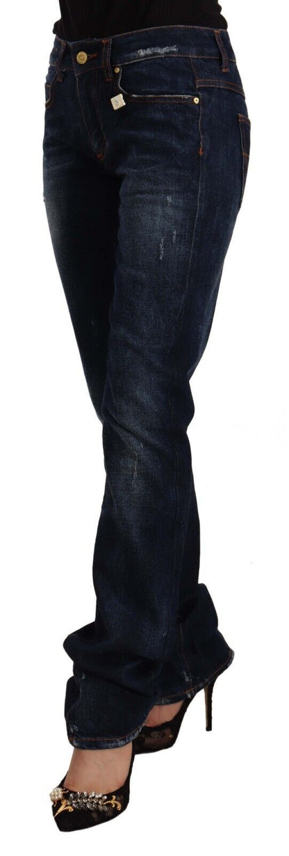 Dark Blue Washed Mid Waist Cotton Denim Straight Jeans