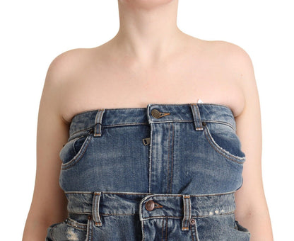 Dark Blue Cotton Strapless Denim Jumpsuit Dress