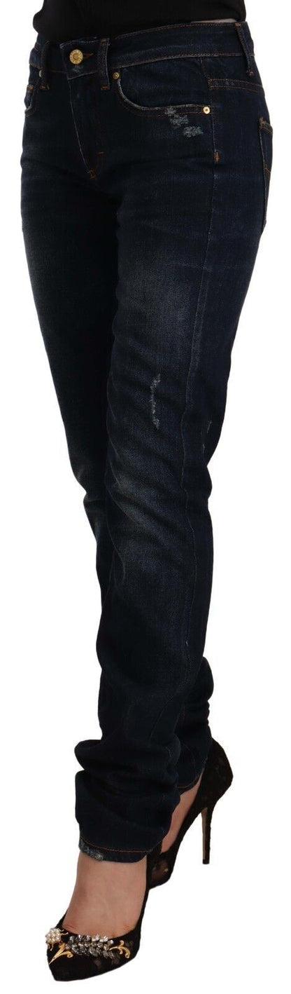 Dark Blue Washed Mid Waist Cotton Denim Skinny Jeans
