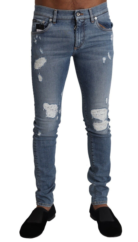 Light Blue Tattered Cotton Denim Skinny Jeans