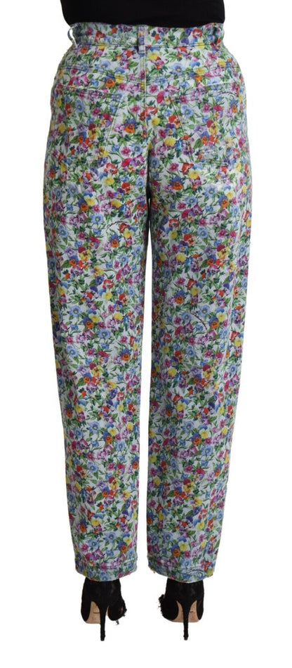 Blue Floral Print High Waist Denim Tapered Jeans