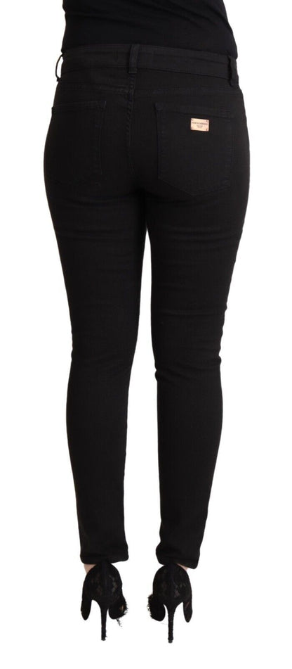 Black Cotton Mid Waist Denim Slim Fit Jeans
