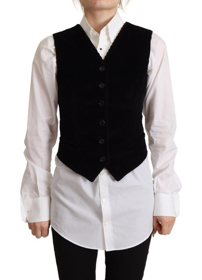 Black V-neck Leopard Corduroy Button Vest Top