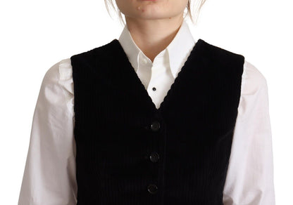 Black V-neck Leopard Corduroy Button Vest Top