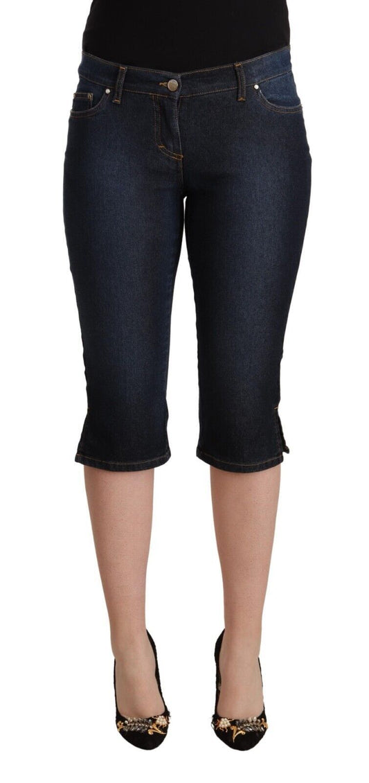 Blue Cotton Stretch Low Waist Slim Capri Denim Jeans