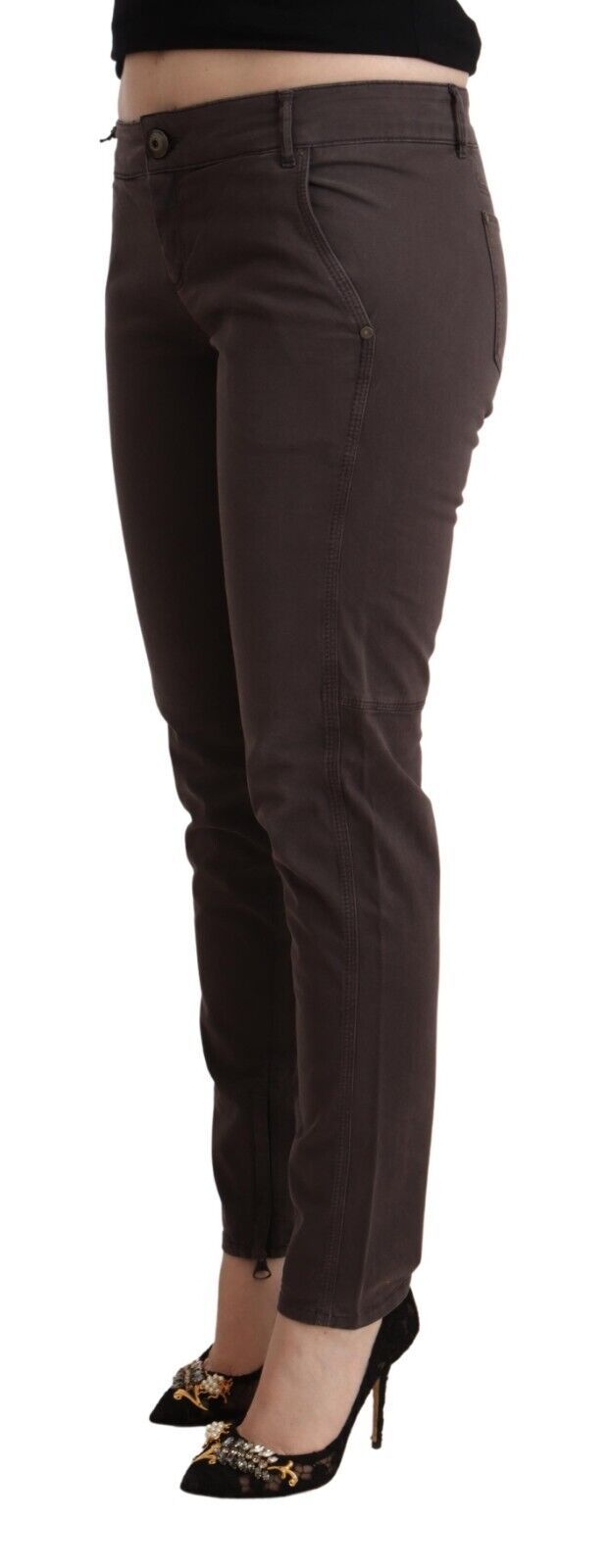 Brown Cotton Low Waist Slim Fit Pants