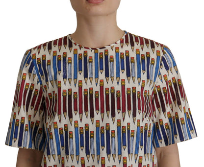 White Pencil Print Cotton T-shirt Blouse