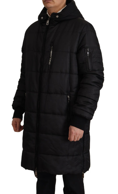 Black Nylon Hooded Parka Coat Winter Jacket