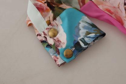 Multicolor  Floral Patchwork Design Ascot Collar Top Blouse