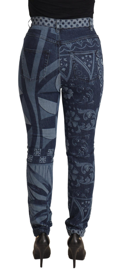 Blue Floral High Waist Skinny Denim Jeans