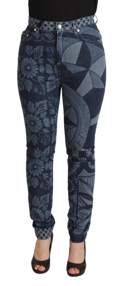 Blue Floral High Waist Skinny Denim Jeans