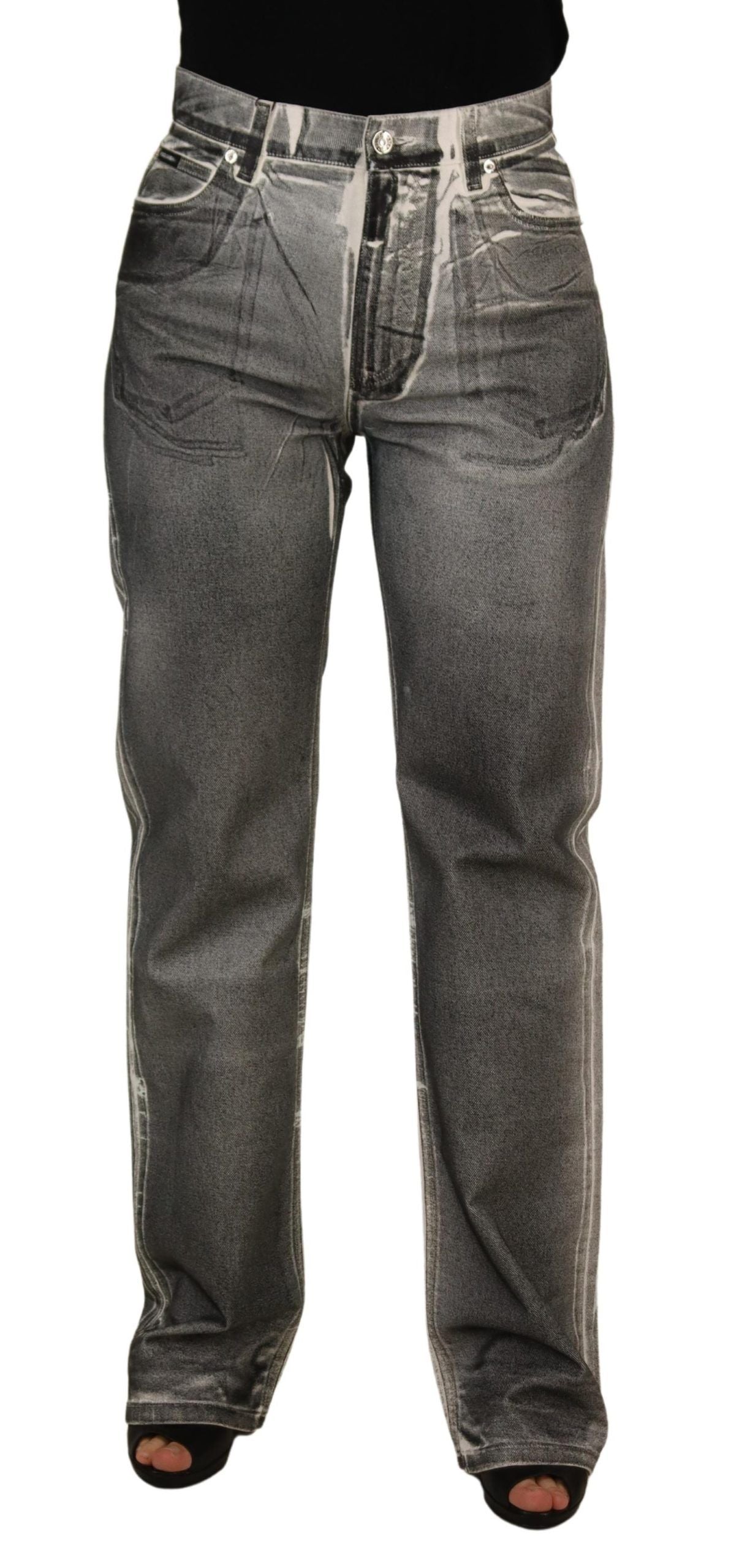 Grey Washed High Waist Denim Pants Cotton Jeans