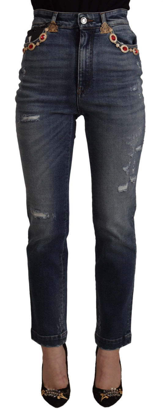 Blue Denim Crystal Embellished Pants Jeans