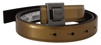 Gold Leather Silver Square Metal Buckle Belt