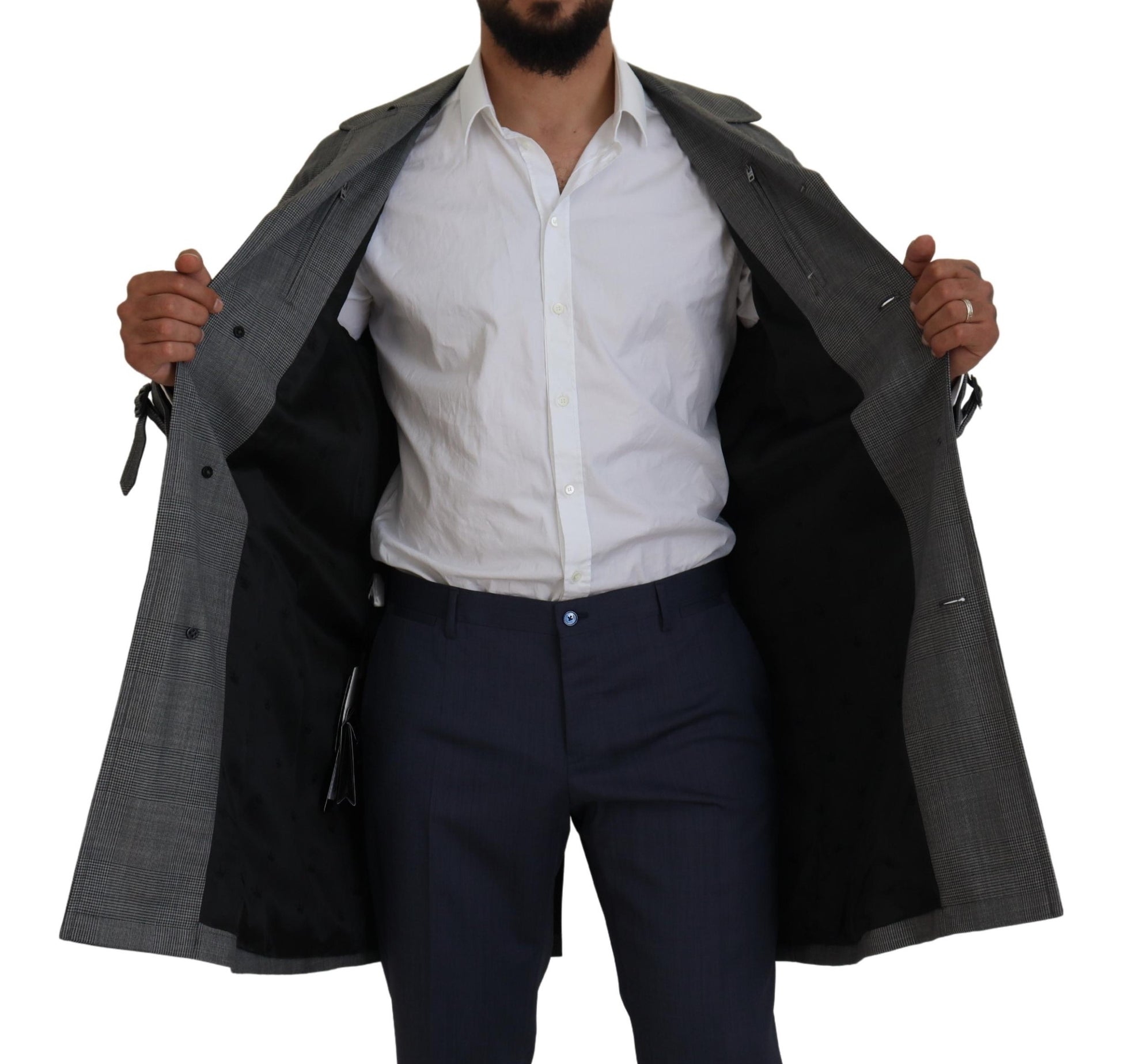 Gray Wool Plaid Long Trench Coat Jacket Trench Coat Jacket