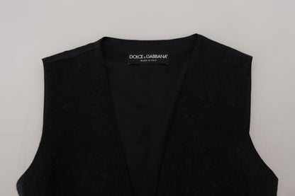 Black Brocade Button Down Sleeveless Vest Top