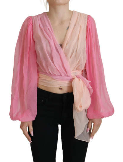Pink Silk Wrap Long Sleeves Blouse Top