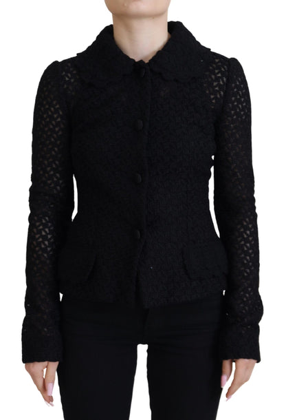 Black Wool Knitted Button Down Collar Jacket